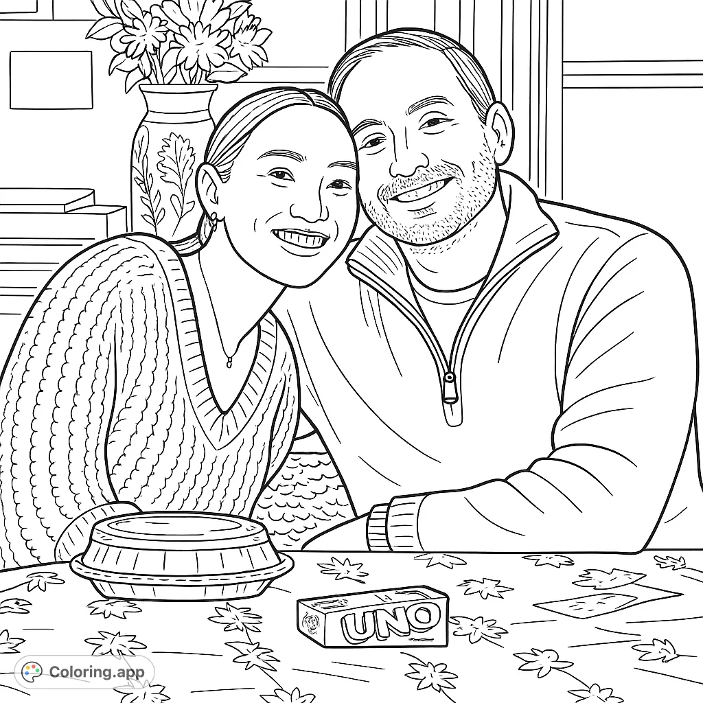 Capture a heartwarming moment with this joyful couple coloring page. Features a smiling pair, a patterned table, and festive decorations.