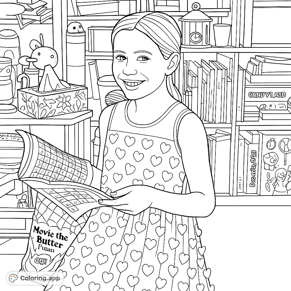 A smiling girl in a delightful butterfly-adorned dress holds a puzzle book. Explore this charming scene with a bookshelf and tabletop full of intriguing items.