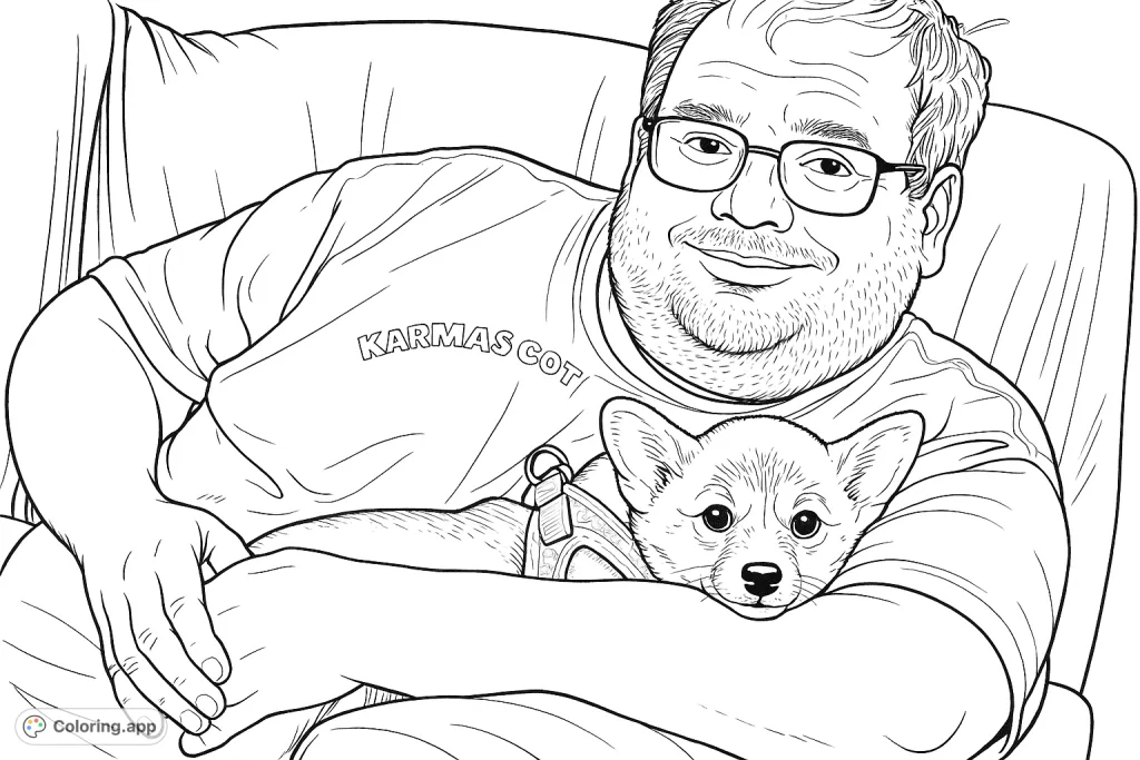 A heartwarming coloring page featuring a man gently cradling an adorable puppy, perfect for anyone who loves pets and comforting scenes.