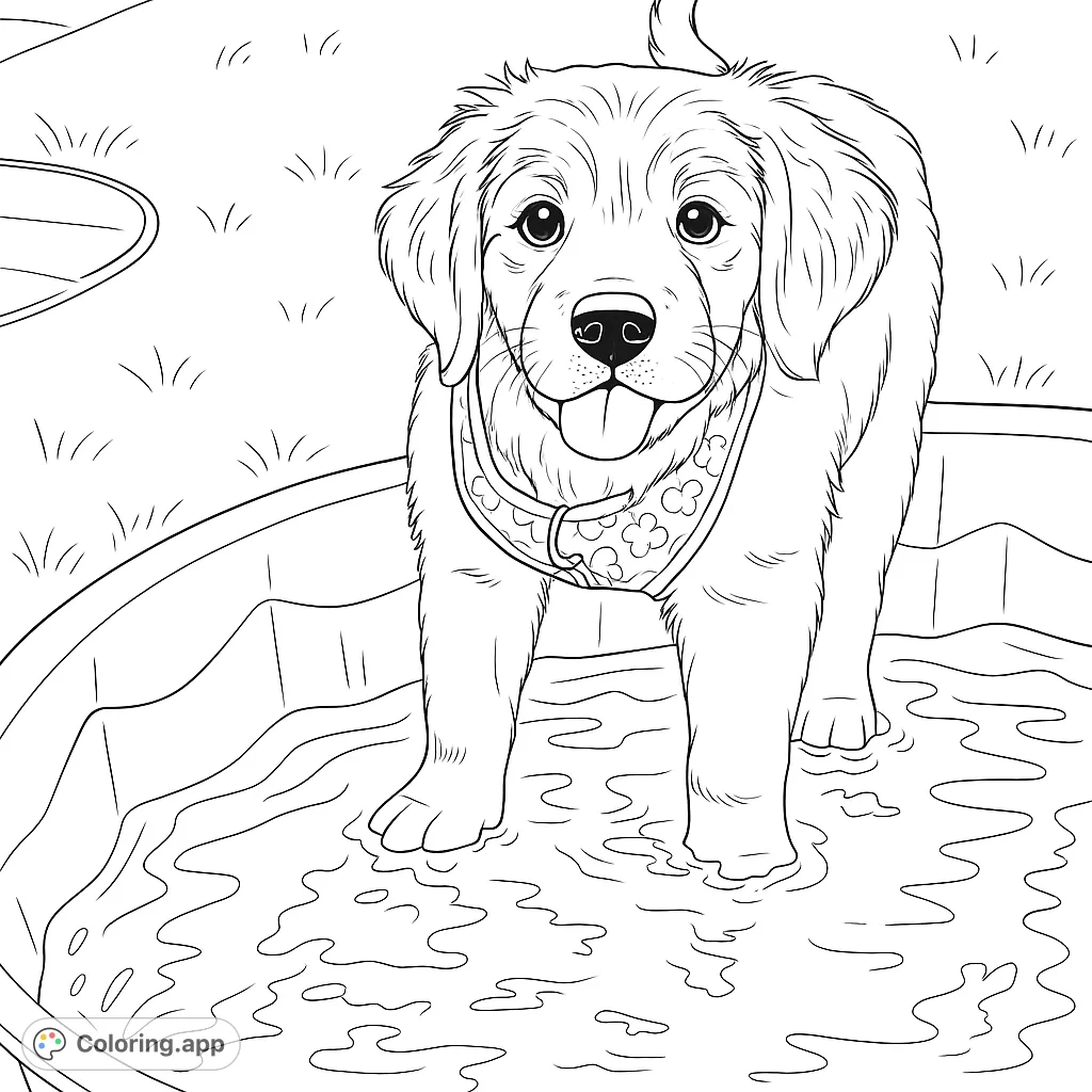 Capture the joy of a puppy splashing in a pool with this delightful coloring page. Perfect for animal lovers of all ages, offering charming details and fun.