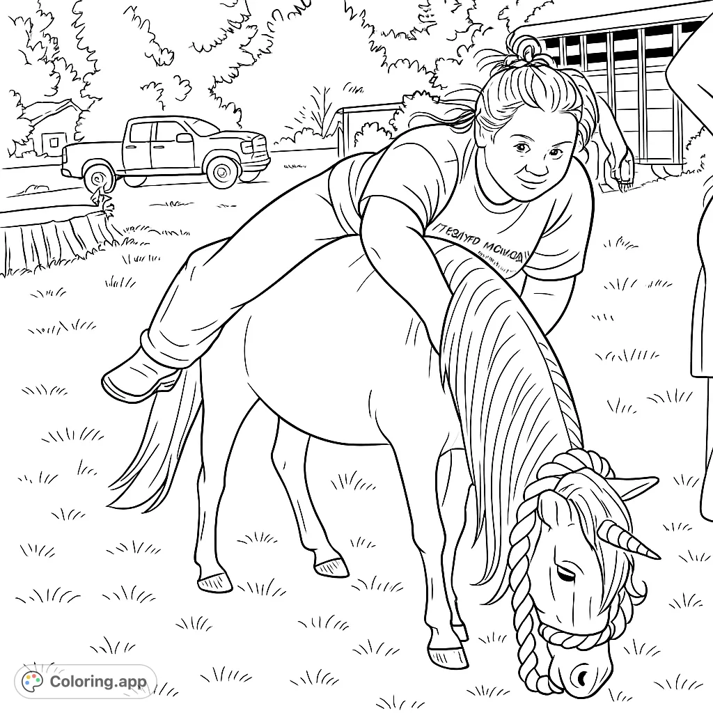 A whimsical unicorn pony with a person lying on its back in a grassy field, featuring a braided rope and distant vehicles. Perfect for fantasy fans!