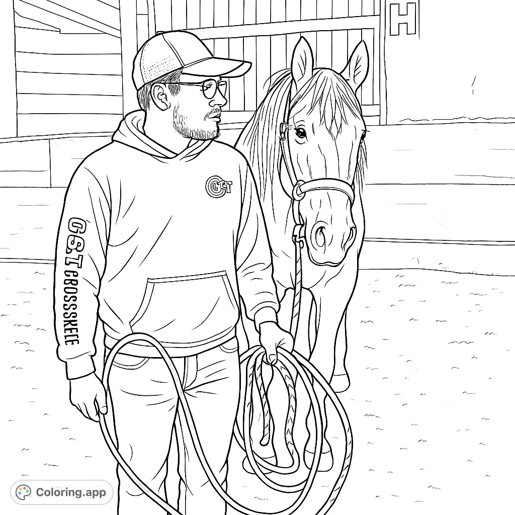 Discover this engaging man and horse coloring page, featuring a ranch hand with his horse in a detailed stable setting, perfect for all ages.