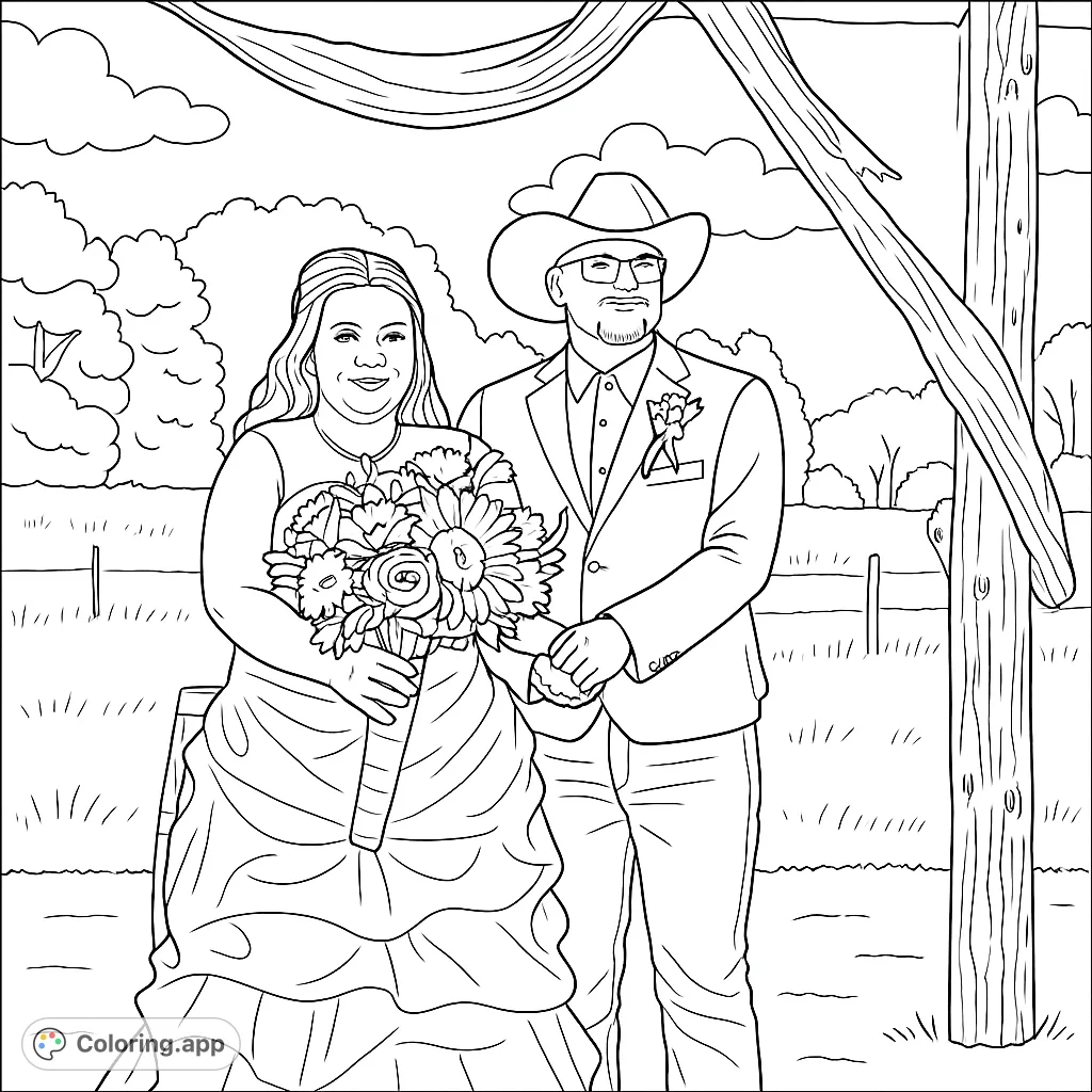 Celebrate love with this charming rustic wedding coloring page featuring a joyous couple under a draped arch. Perfect for special occasions and creative expression.