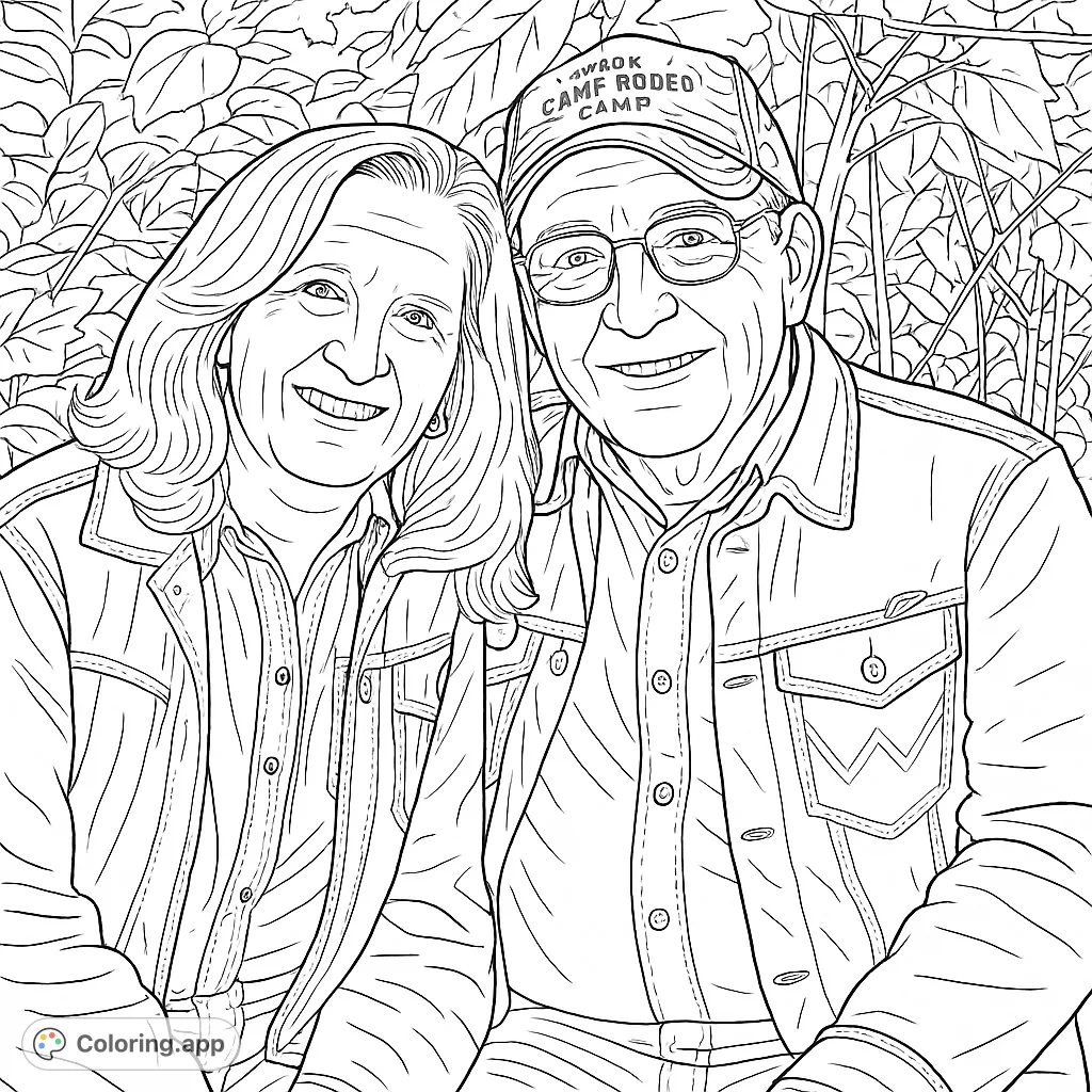 A heartwarming coloring page featuring a smiling couple posing outdoors amidst lush foliage, perfect for expressing warmth and connection and ideal for personalizing.