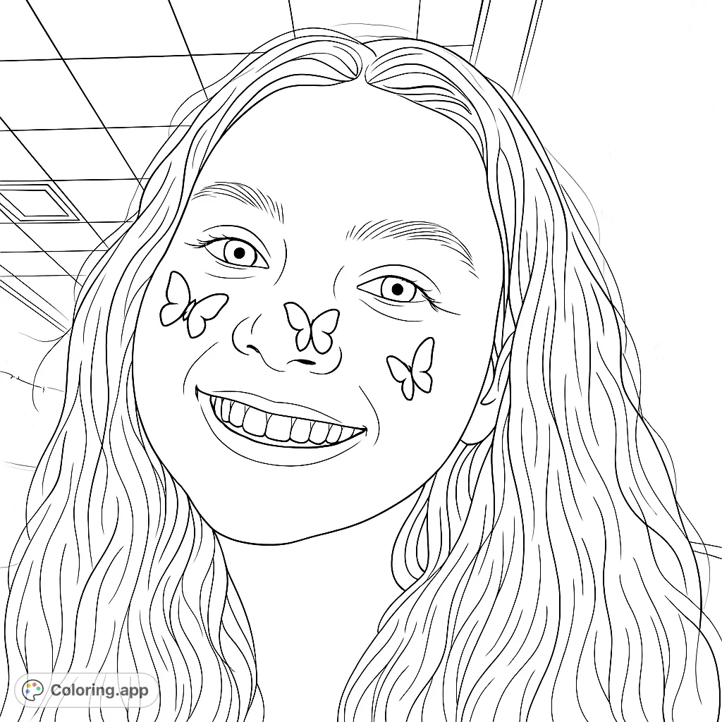 A cheerful portrait featuring a smiling individual with flowing hair and decorative butterfly shapes on their face, offering a delightful canvas for creative coloring.