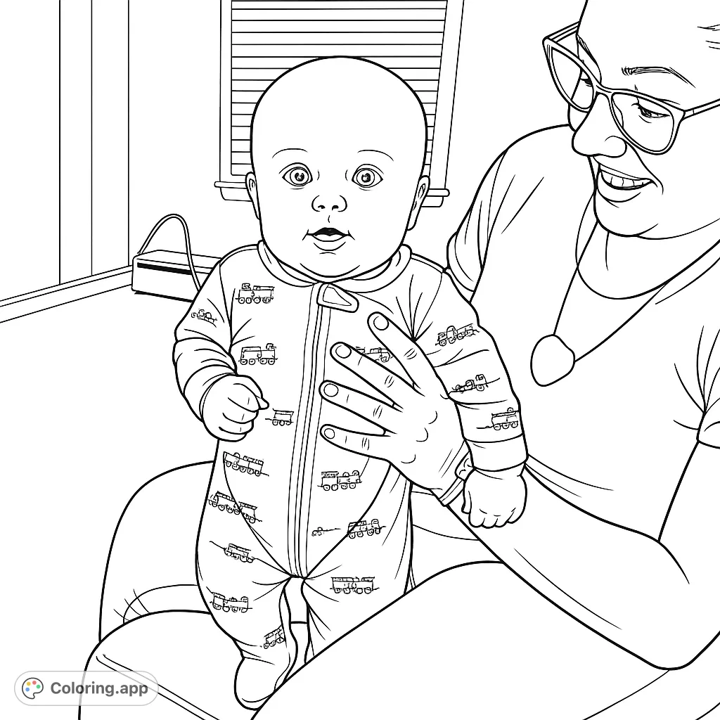 Capture a heartwarming moment with this baby and parent coloring page. Features an adorable baby in a patterned outfit, held by a loving adult.