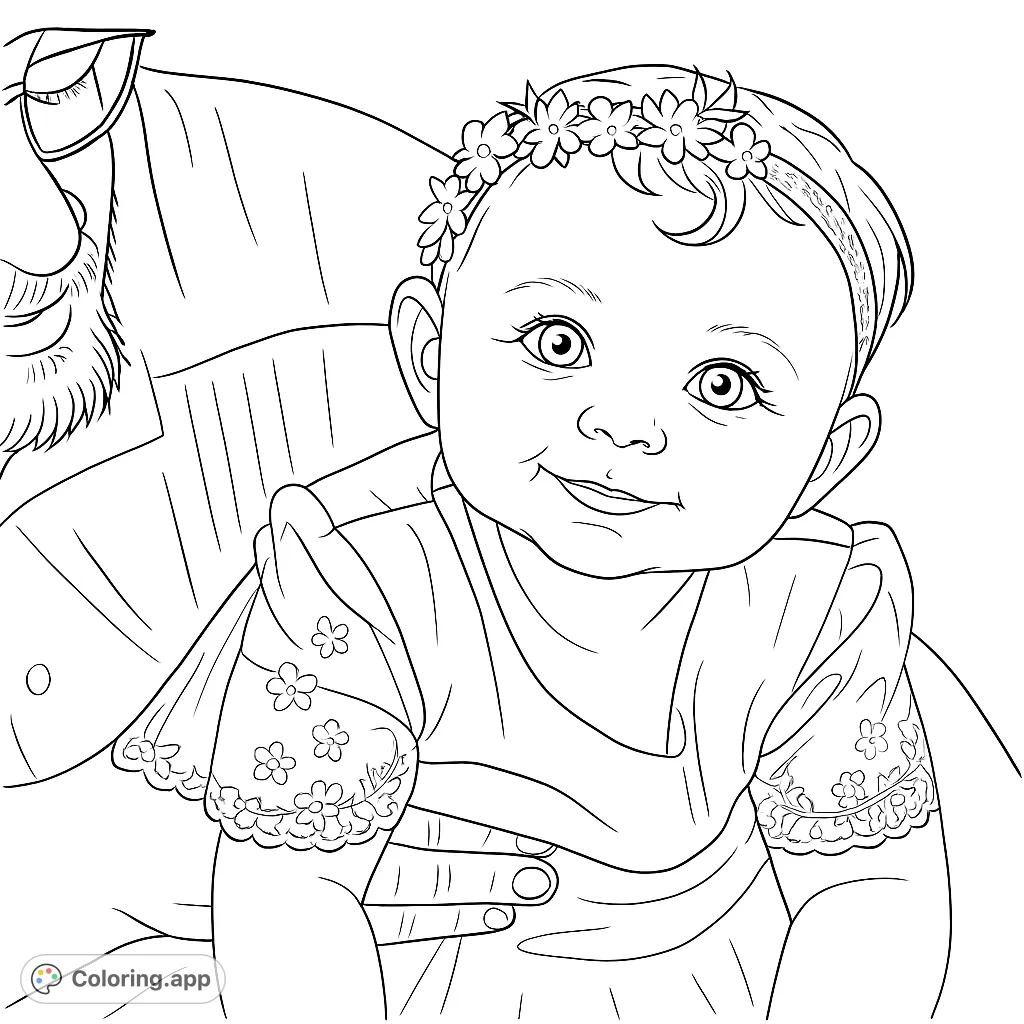 Capture the innocent charm of a smiling baby with delicate floral headband and lace dress. A heartwarming baby portrait coloring page.