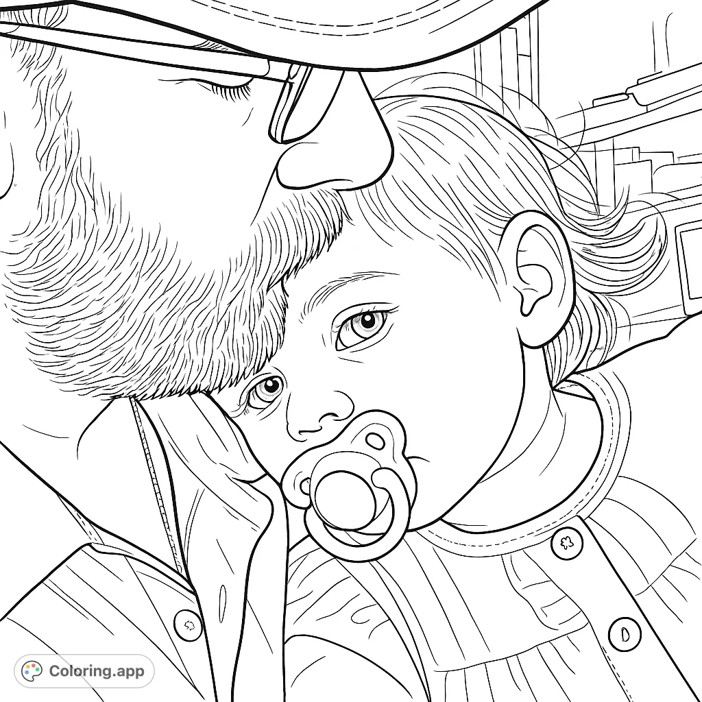 A heartwarming coloring page depicting a tender embrace between an adult and a young child, perfect for celebrating family bonds and affection.