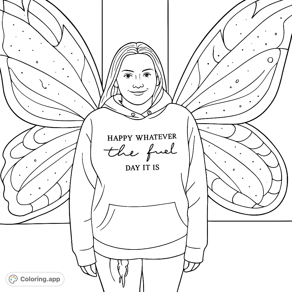 A captivating butterfly wings coloring page featuring a person with expansive, intricately patterned wings. Express yourself with this unique, free printable artwork.