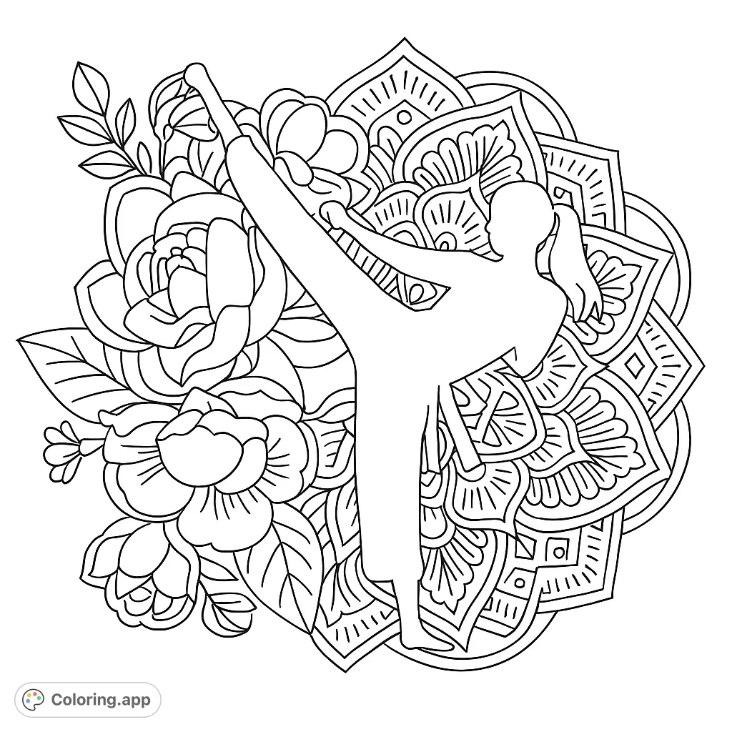 A powerful martial artist silhouette performing a kick against a backdrop of intricate floral patterns and a detailed mandala, perfect for mindful coloring.