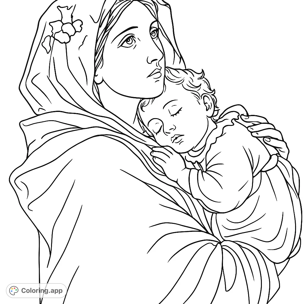 A serene mother tenderly cradles a sleeping infant, capturing a timeless moment of profound love and peace. This classical scene offers a beautiful coloring experience.