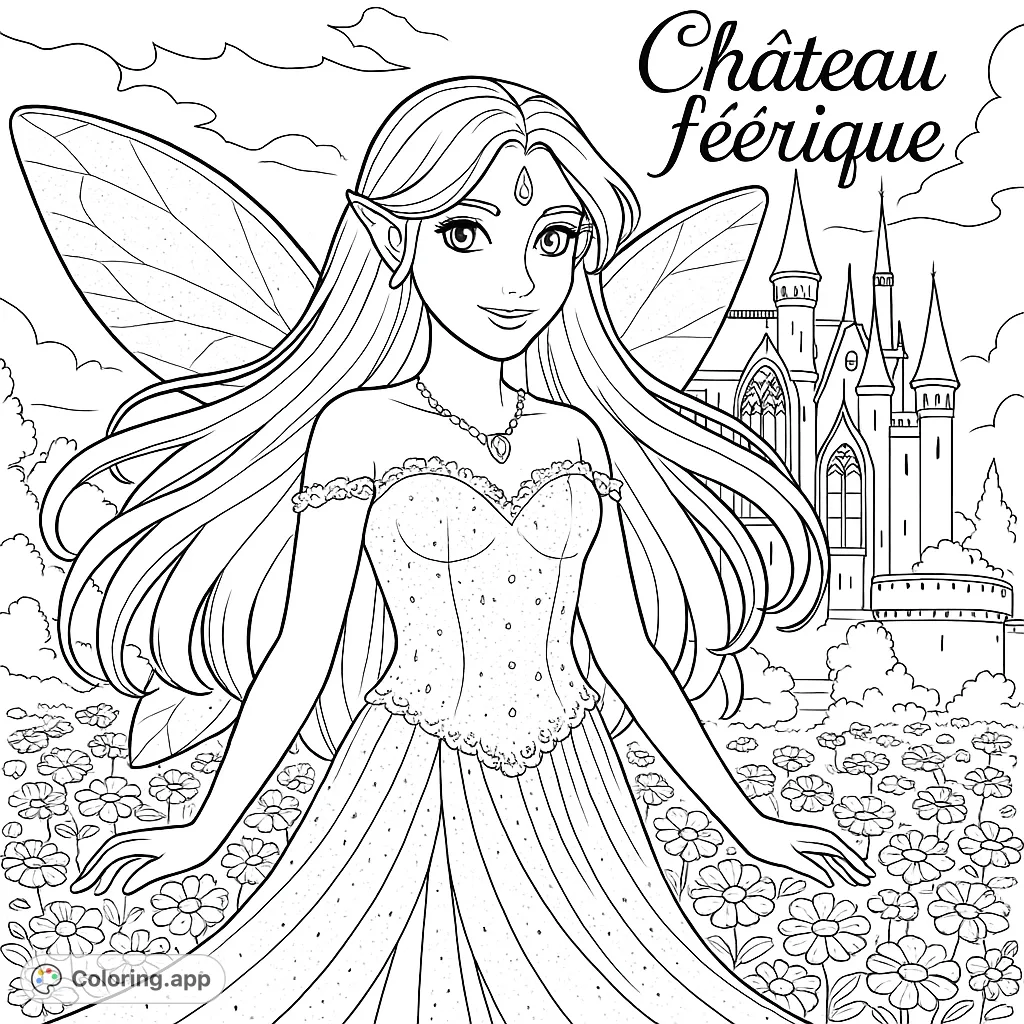 Color a magical fairy with sparkling wings and an intricate gown, standing in a flower-filled garden before a majestic, multi-turreted castle.