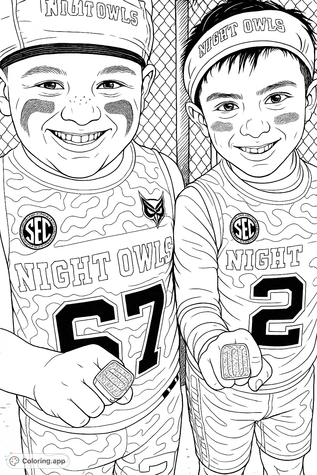Two smiling young athletes in uniforms proudly display their detailed championship rings, ready for you to add vibrant team spirit to this winning moment.