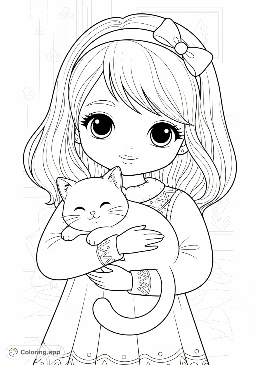A charming kawaii girl tenderly holds a plump cat, offering a delightful scene for a free printable coloring page. Perfect for kids and adults!