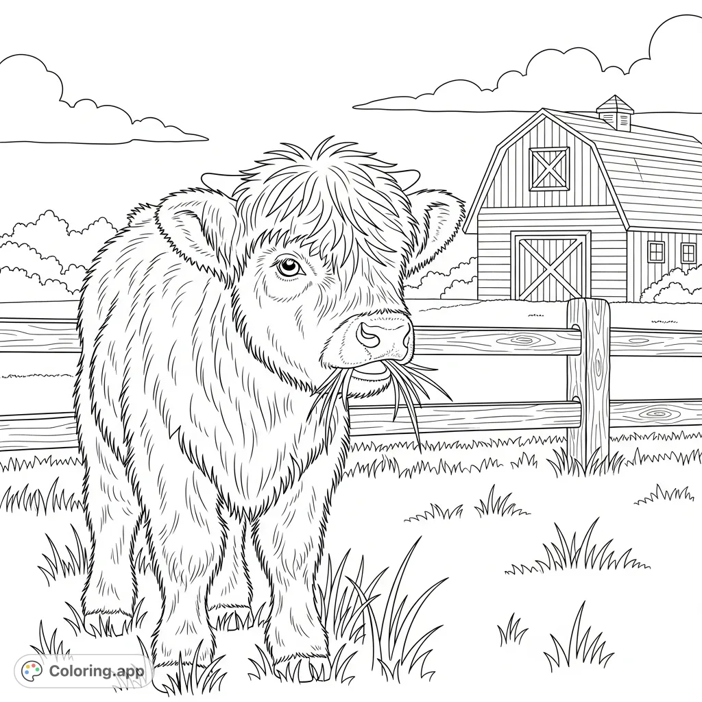 An adorable baby Highland cow with a fluffy, shaggy coat grazes peacefully in a field, with a rustic wooden fence and charming barn in the background.