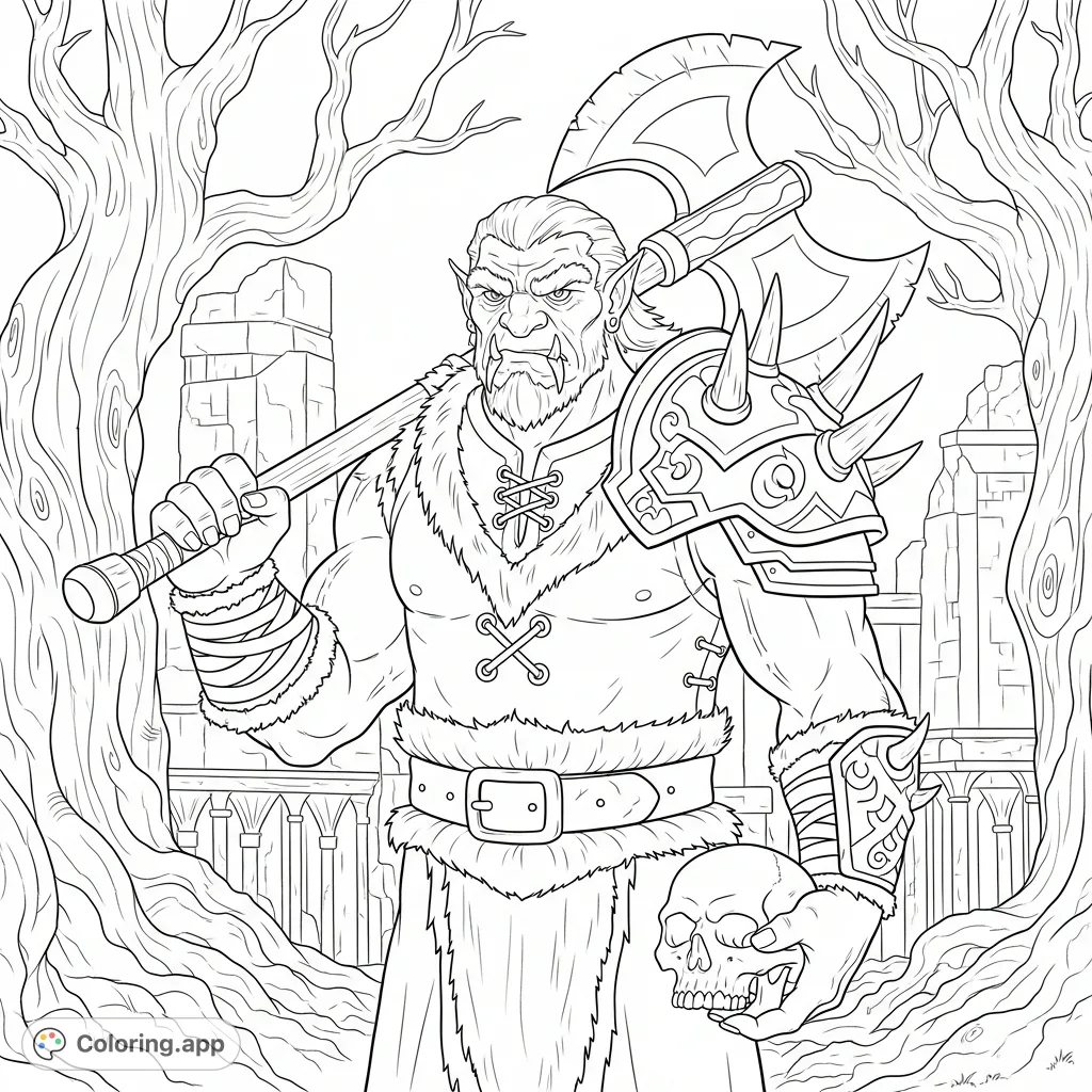 Unleash your creativity with this fearsome warrior coloring page, featuring a muscled figure, a double-bladed axe, and a skull amidst ancient ruins.