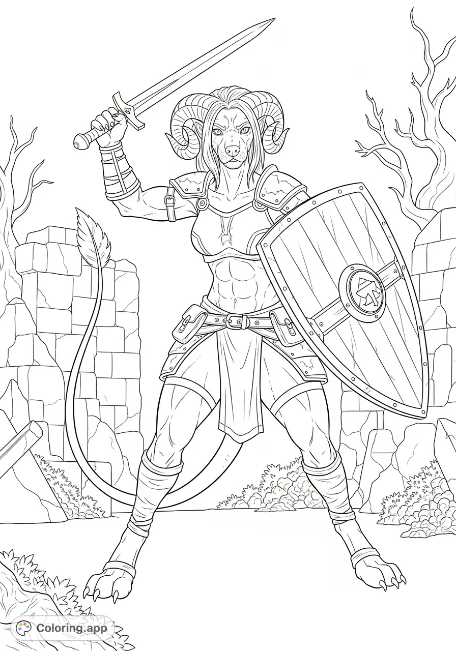 Unleash your creativity on this D&D-inspired coloring page featuring a powerful female warrior, half-human, half-flesh hound, armed with a sword and shield.