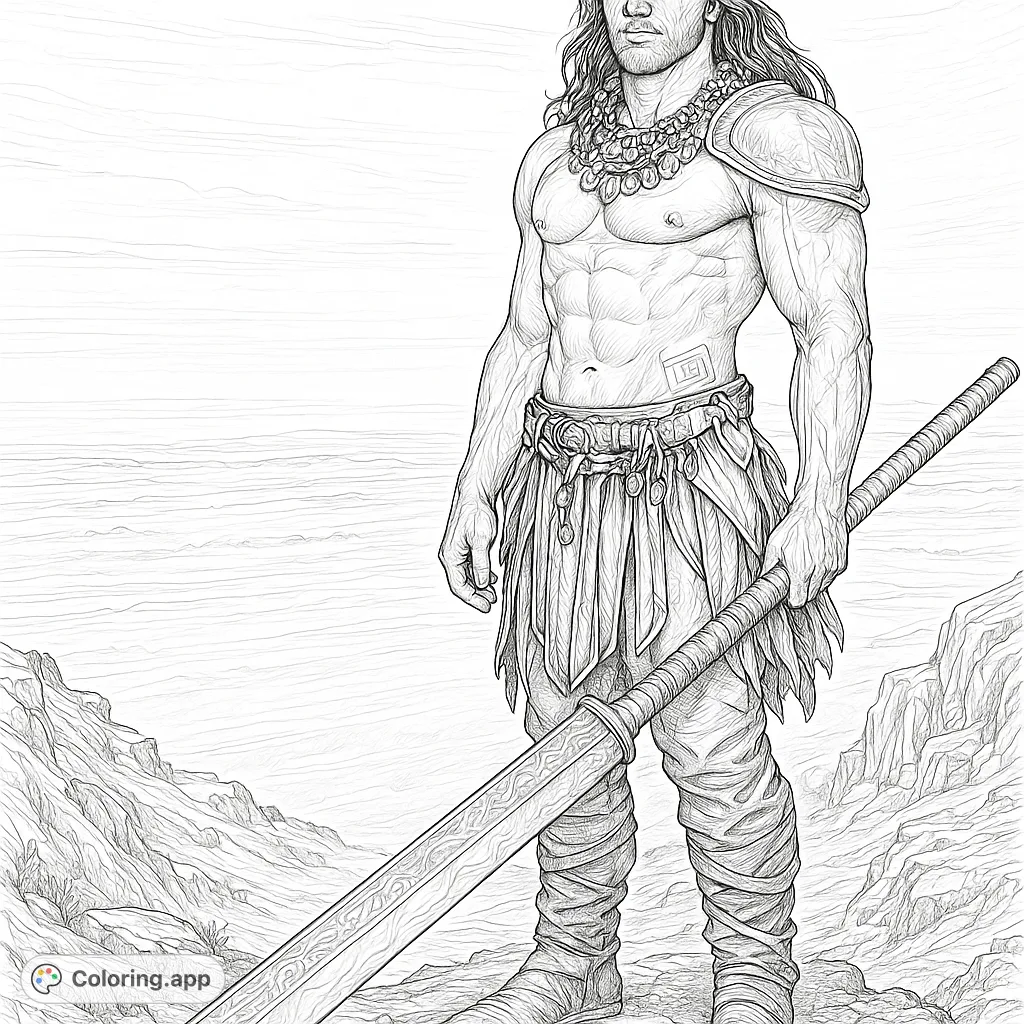 A formidable warrior with a massive sword stands on a rocky cliff overlooking a vast landscape. Features intricate armor details and tribal markings.