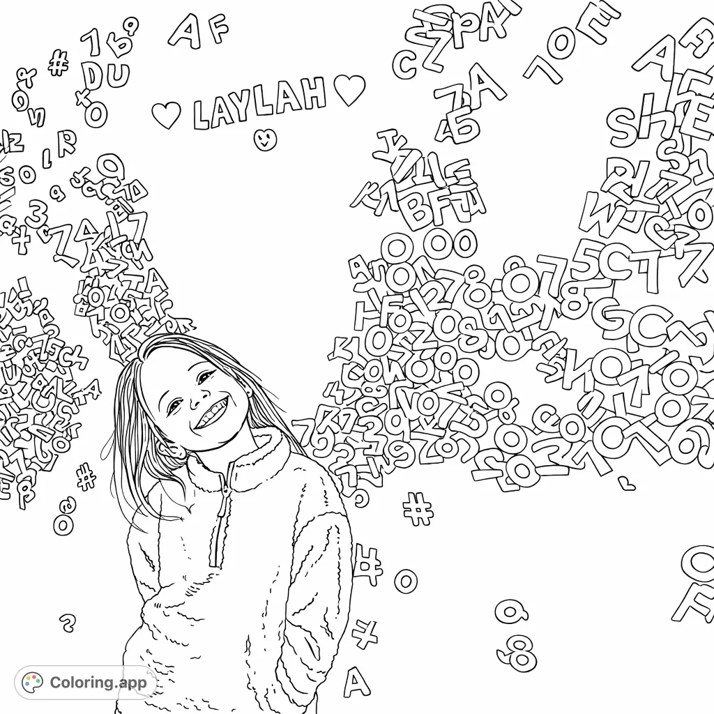 A cheerful girl stands before a wall covered in playful letters and numbers, offering a unique and engaging coloring experience for all ages.