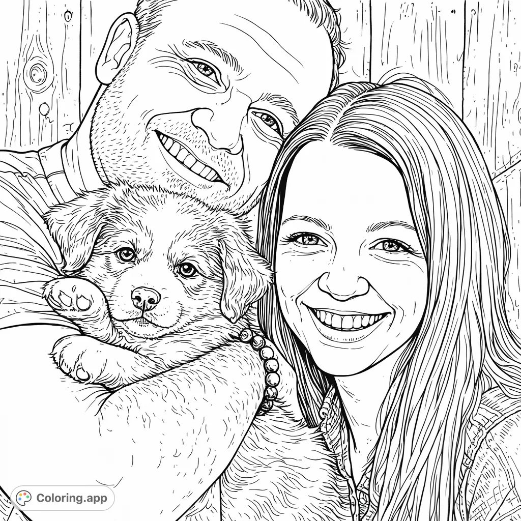 A heartwarming portrait of a joyful couple holding their adorable, fluffy puppy. This highly detailed family and pet coloring page captures pure happiness.
