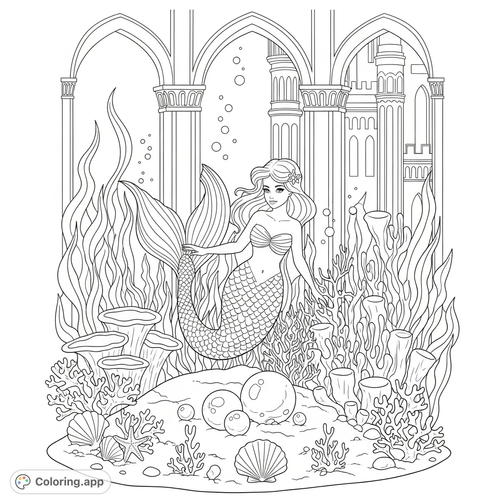 A graceful mermaid explores her enchanting garden, featuring a shimmering pearl bed, nestled within a majestic mermaid castle. A magical fantasy scene.