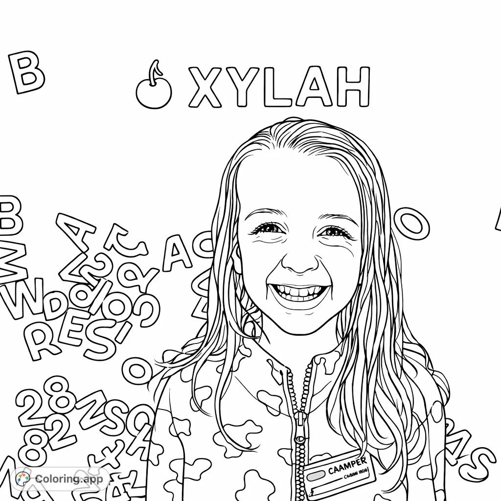 A delightful girl with a joyful smile against a wall scattered with alphabet letters and numbers, offering a unique personalizable coloring page experience.