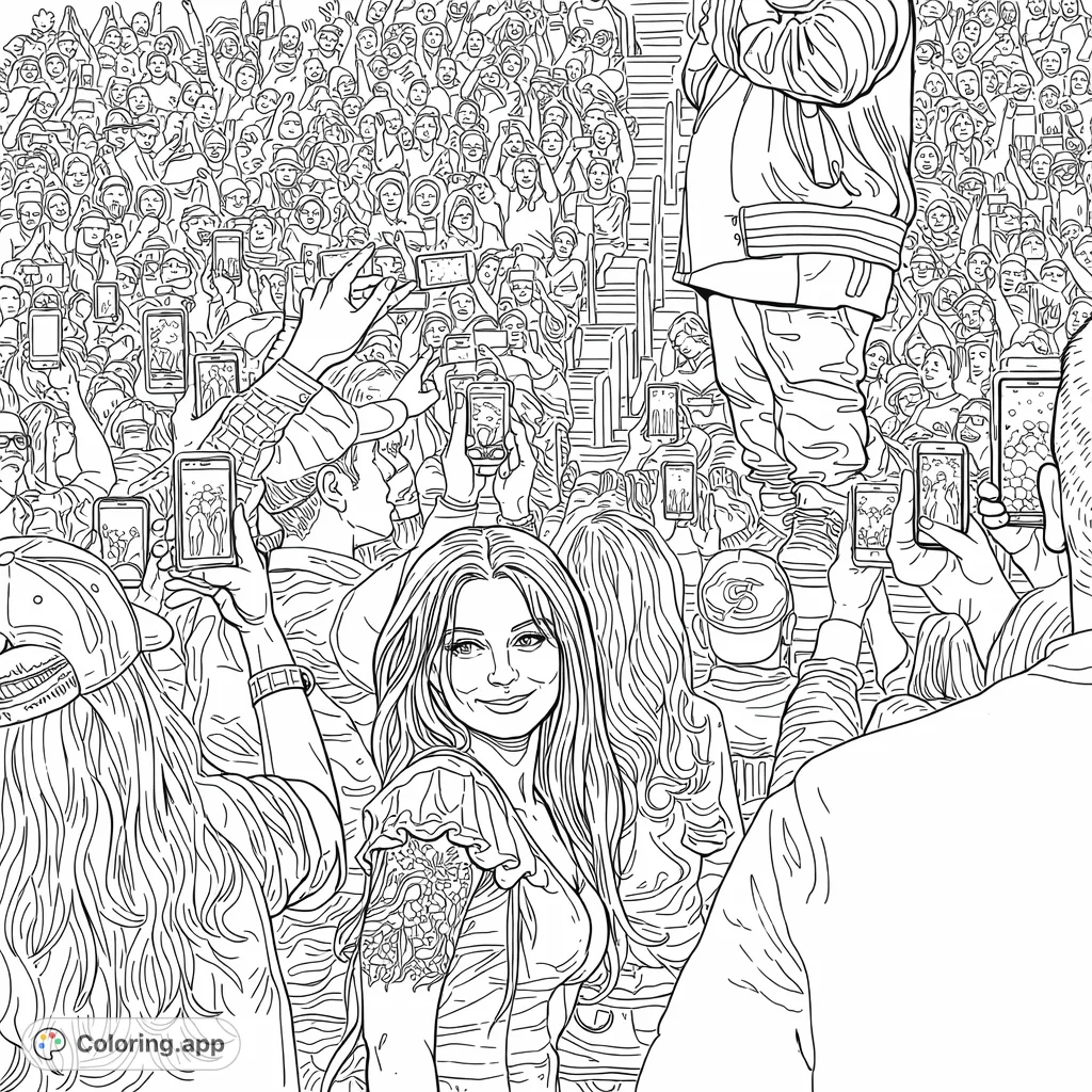 Immerse yourself in a lively concert scene with a smiling individual amidst a cheering crowd, many holding phones to capture the moment. A highly detailed free printable concert coloring page.