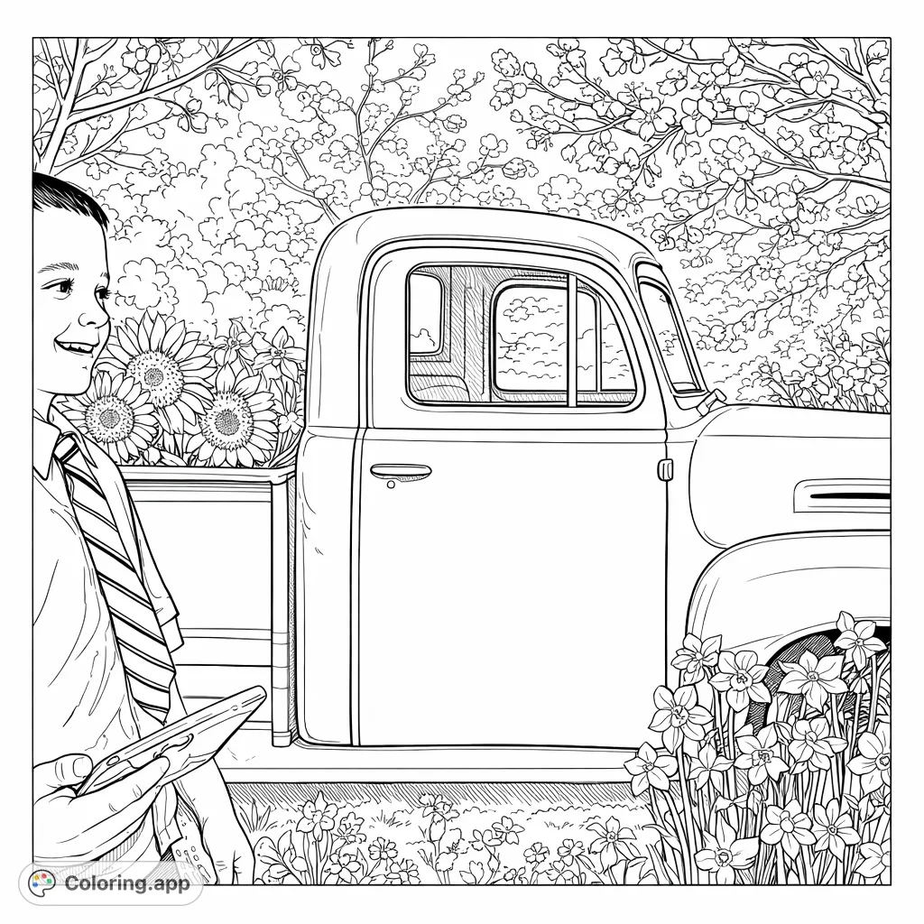 A charming vintage pickup truck overflows with a vibrant floral arrangement, set against a blooming garden backdrop with a smiling child. A delightful spring scene to color.