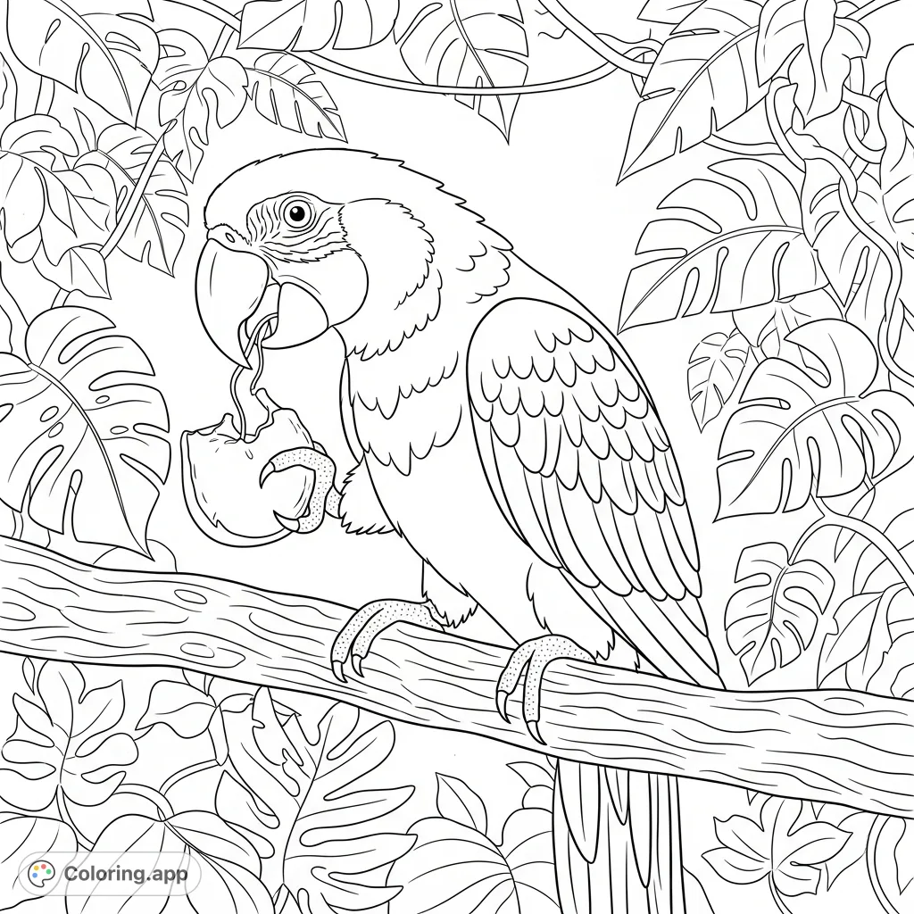 A vibrant parrot perched on a branch, enjoying a meal of fruit amidst lush tropical foliage. This captivating parrot coloring page offers intricate details for all ages.
