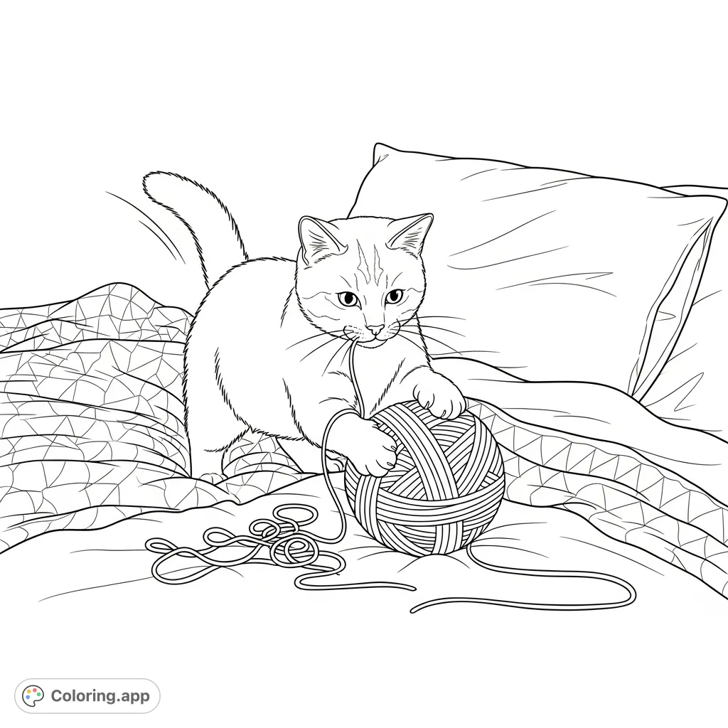 A playful cat enthusiastically tangles with yarn on a cozy bed. A delightful scene, perfect for animal lovers to color and relax. Free printable.