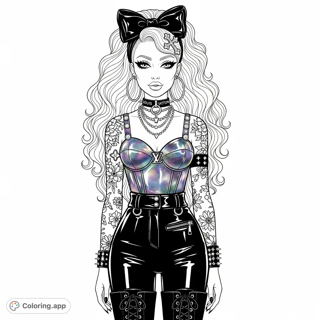 Unleash your creativity with this detailed coloring page featuring a fashionable woman, striking hair, bold makeup, and an edgy outfit with tattoos and designer logos.