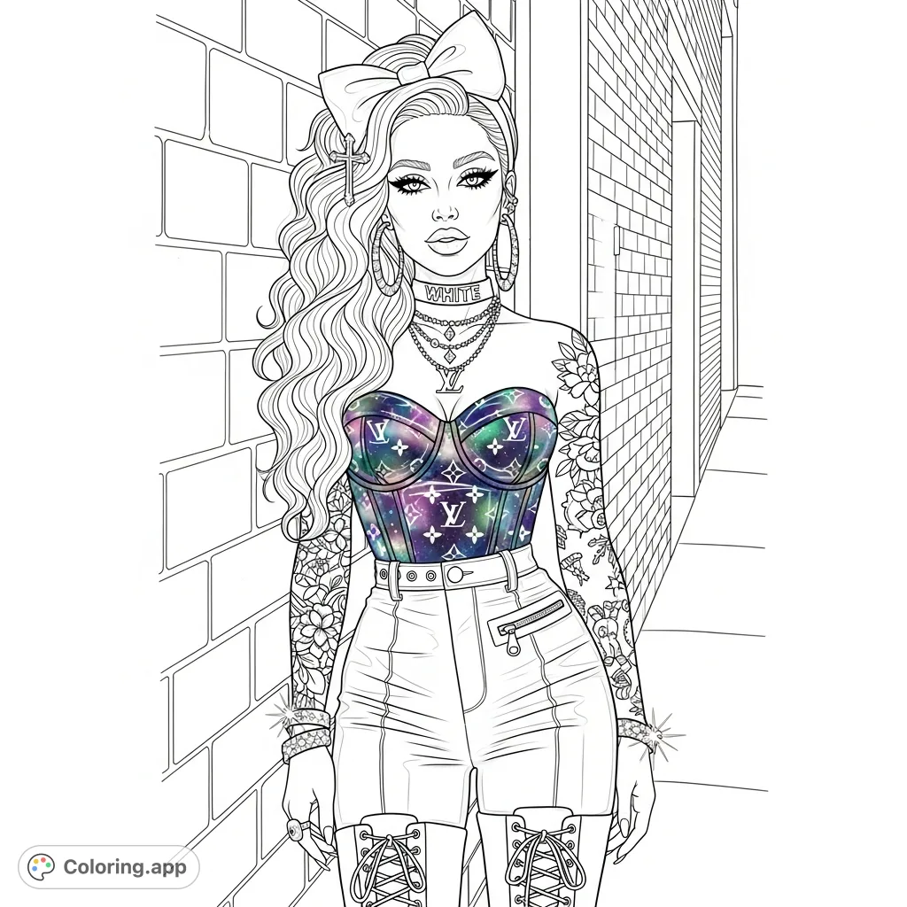 A chic woman in an urban alley, featuring voluminous hair, striking makeup, "Louis Vuitton" bustier, detailed tattoos, leather pants, and lace-up boots. Perfect for adult colorists!