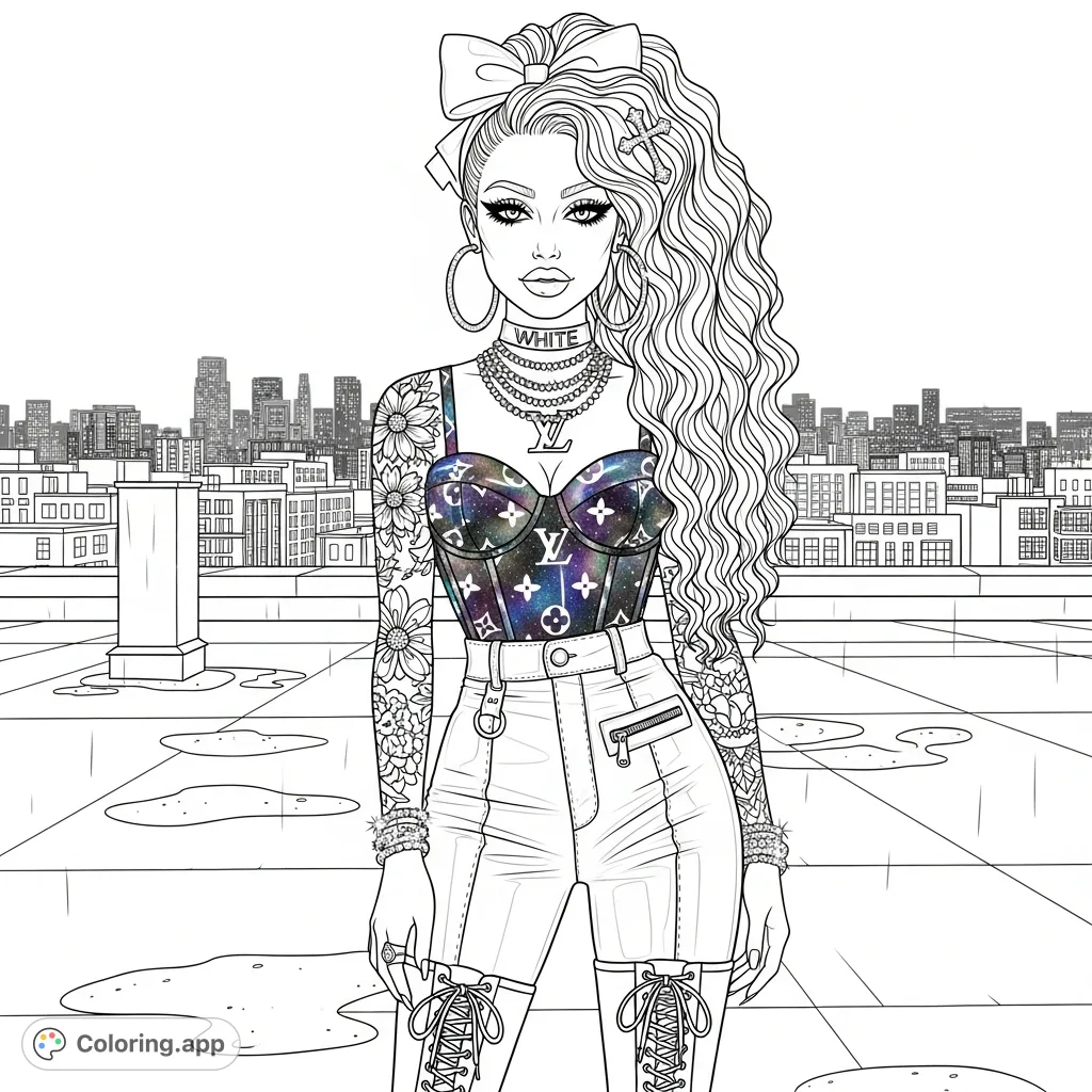 A stylish woman with elaborate hair, detailed outfit, and tattoos poses confidently on a rain-slicked city rooftop at twilight, city lights illuminating the background. Perfect for fashion enthusiasts.