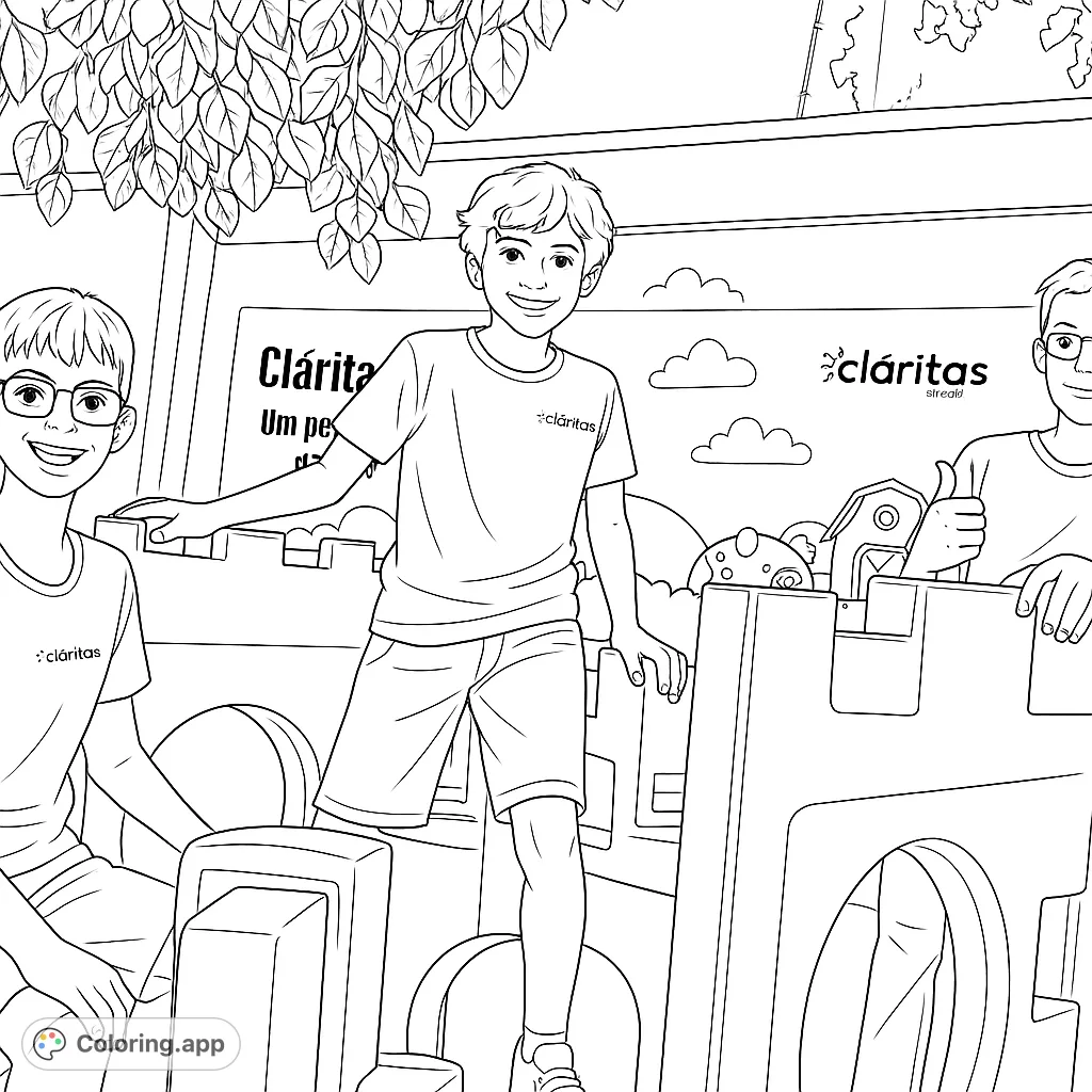 Three cheerful boys enjoying playtime with castle-like structures, set against a backdrop of foliage and a school banner with a farm scene. Perfect for joyful coloring!