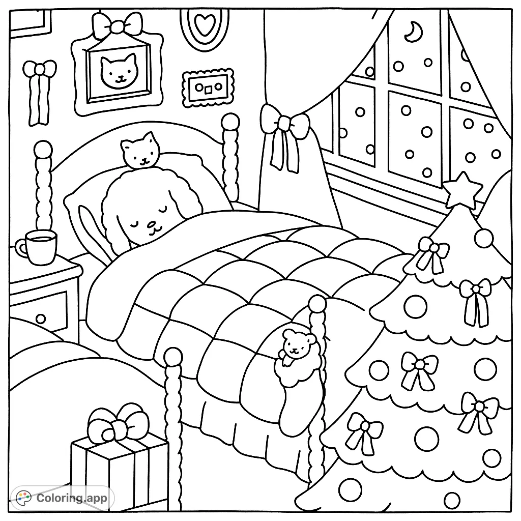 A heartwarming winter scene featuring a sleeping animal and cat in a cozy room filled with holiday decorations, a twinkling tree, and gifts. Perfect for festive fun!