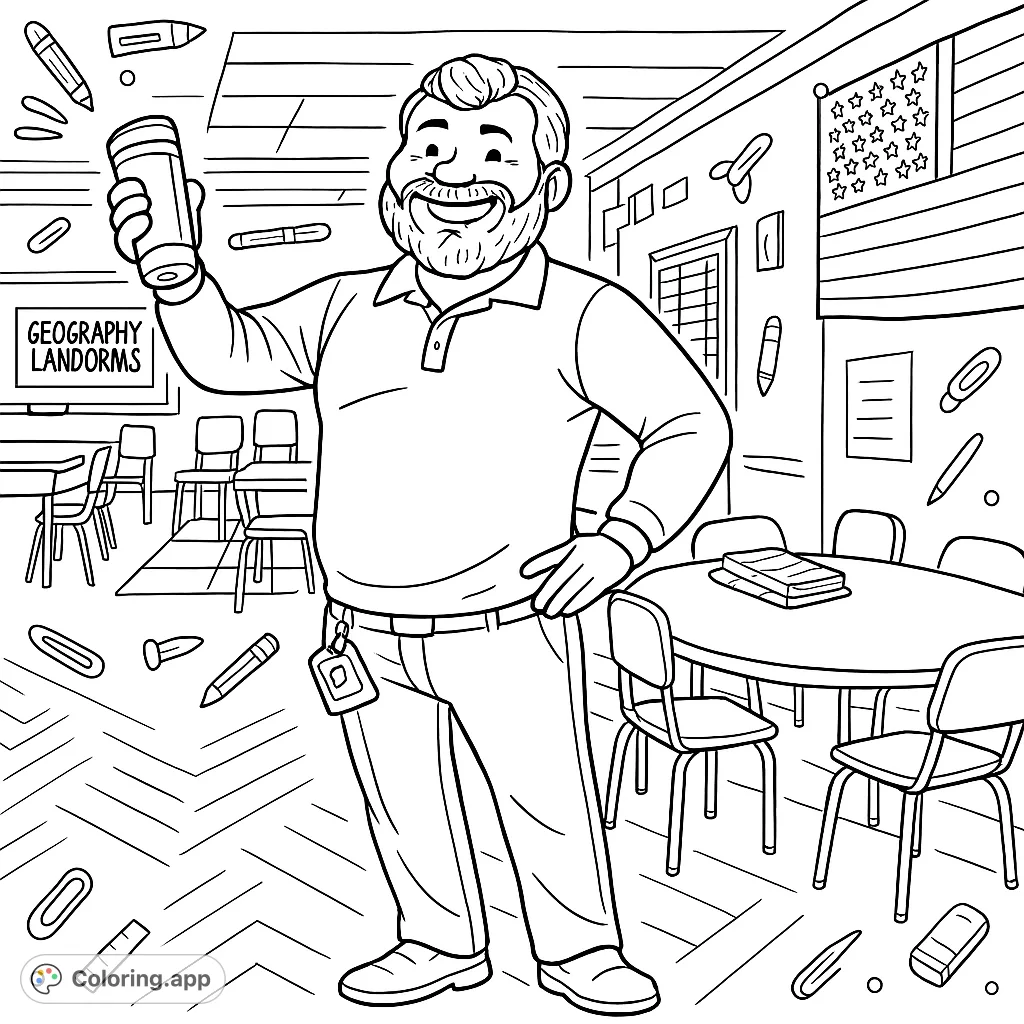 A cheerful teacher holds a mug in a bustling classroom setting. This cartoony design with bold outlines and school supplies background offers moderate detail for all ages.