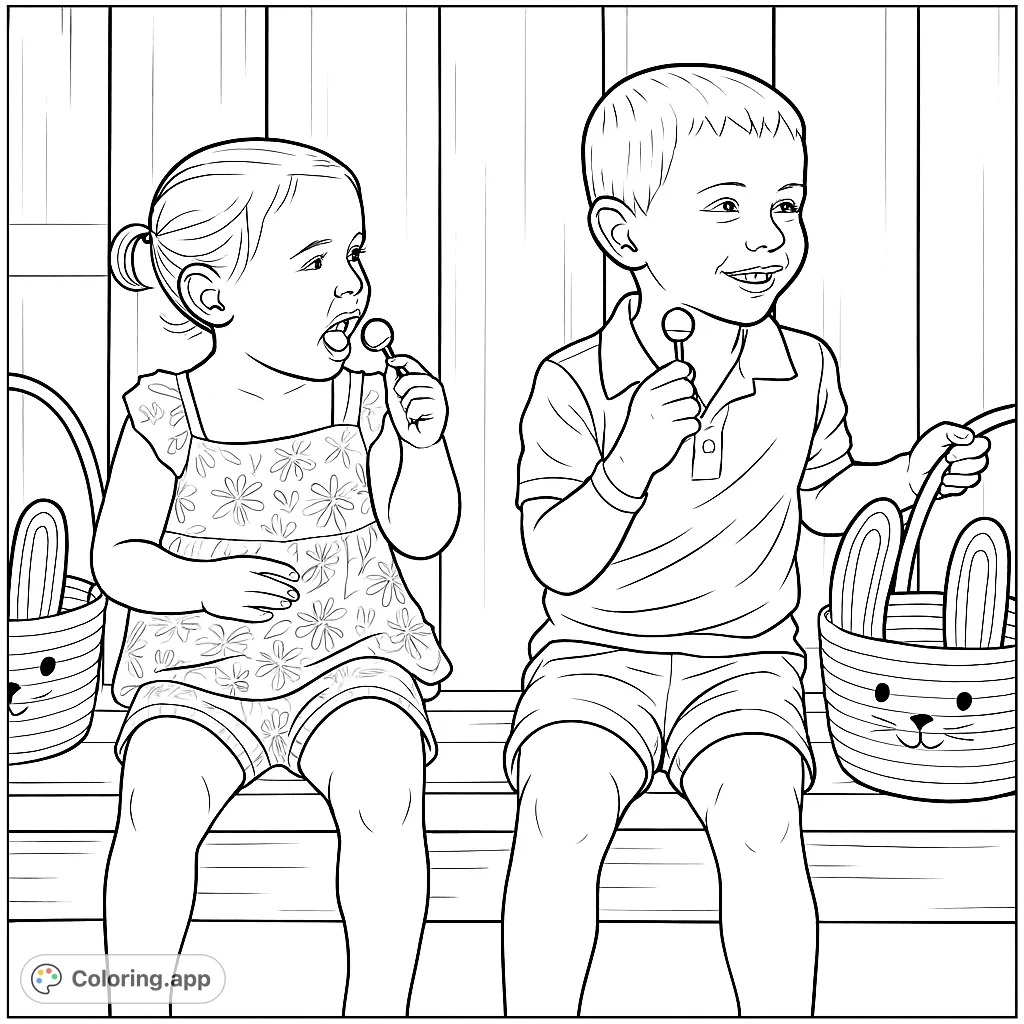 Two cheerful children enjoy lollipops while sitting beside adorable bunny baskets. A sweet and simple scene perfect for young colorists.