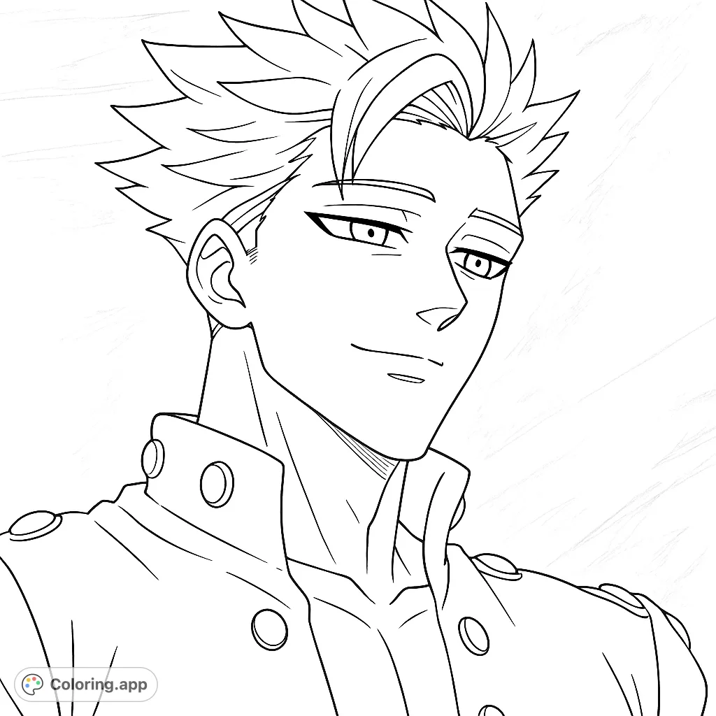 Color a dynamic portrait of a spiky-haired anime character with a smirk and distinctive scars. A detailed rendering for fans to personalize.