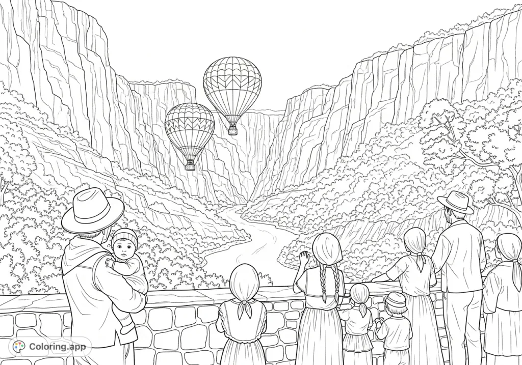 Witness a scenic canyon vista where a diverse group observes two patterned hot air balloons soaring above winding rivers and dense rock formations.