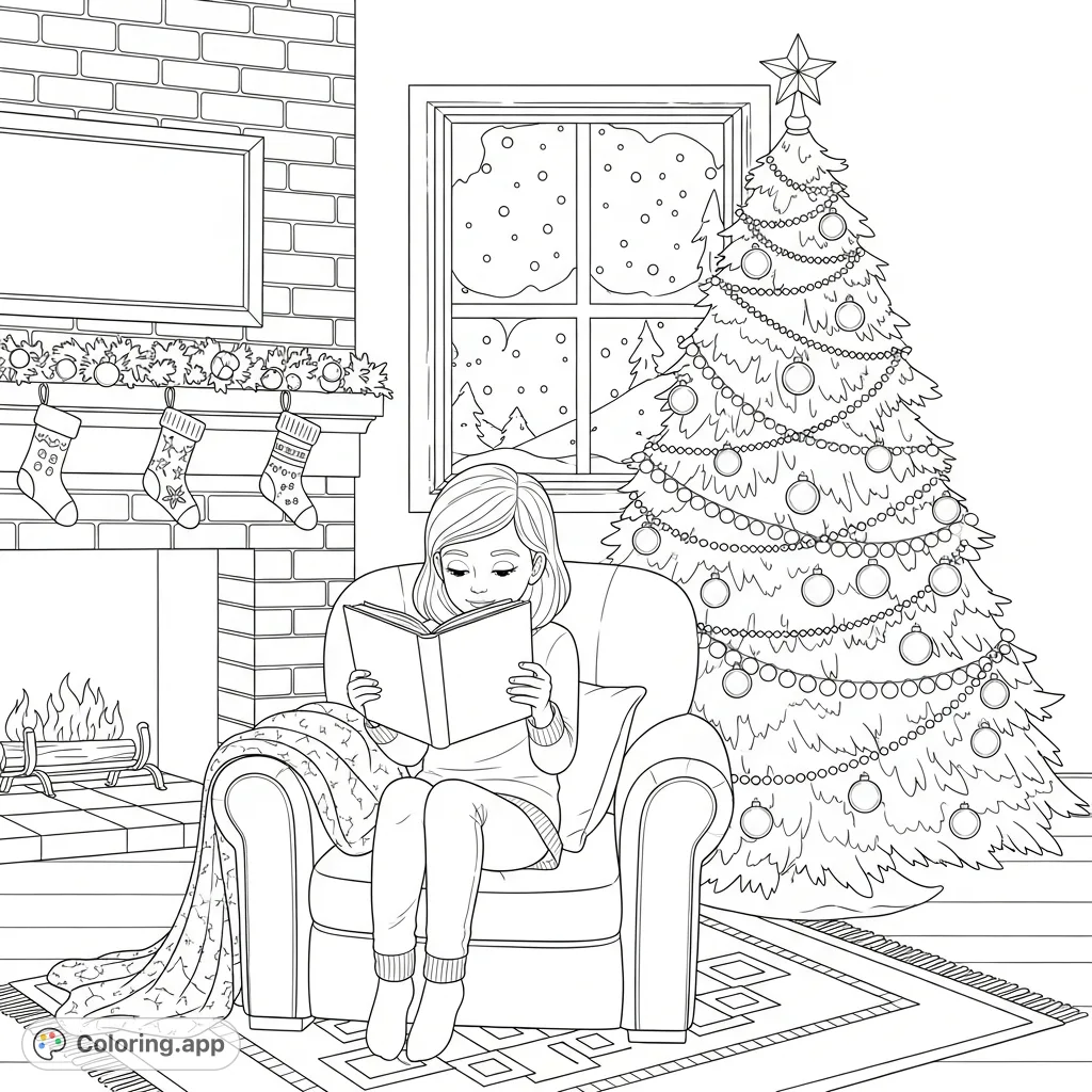 Discover a serene scene of a girl engrossed in a book, surrounded by festive Christmas decorations in a cozy room, perfect for holiday relaxation.