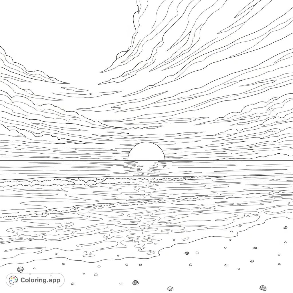 Capture the tranquility of a peaceful beach at twilight. A lone sun dips towards the horizon, casting reflections across gentle waves and untouched sand. Perfect for relaxation.