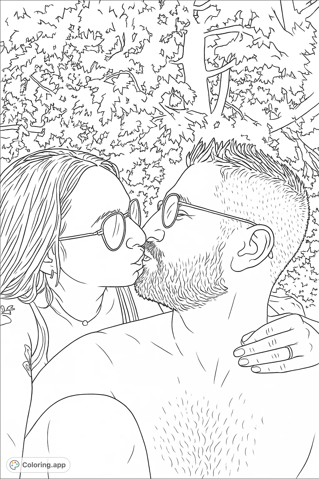 A heartwarming coloring page featuring a couple sharing a loving kiss outdoors, framed by lush tree leaves. Perfect for romantic moments.