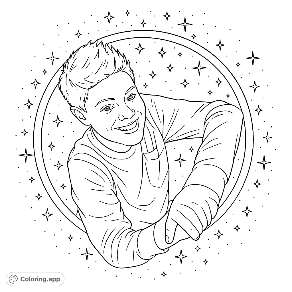 A smiling person with spiky hair, framed by a whimsical circle of sparkling stars, creates an engaging portrait ready for imaginative coloring.