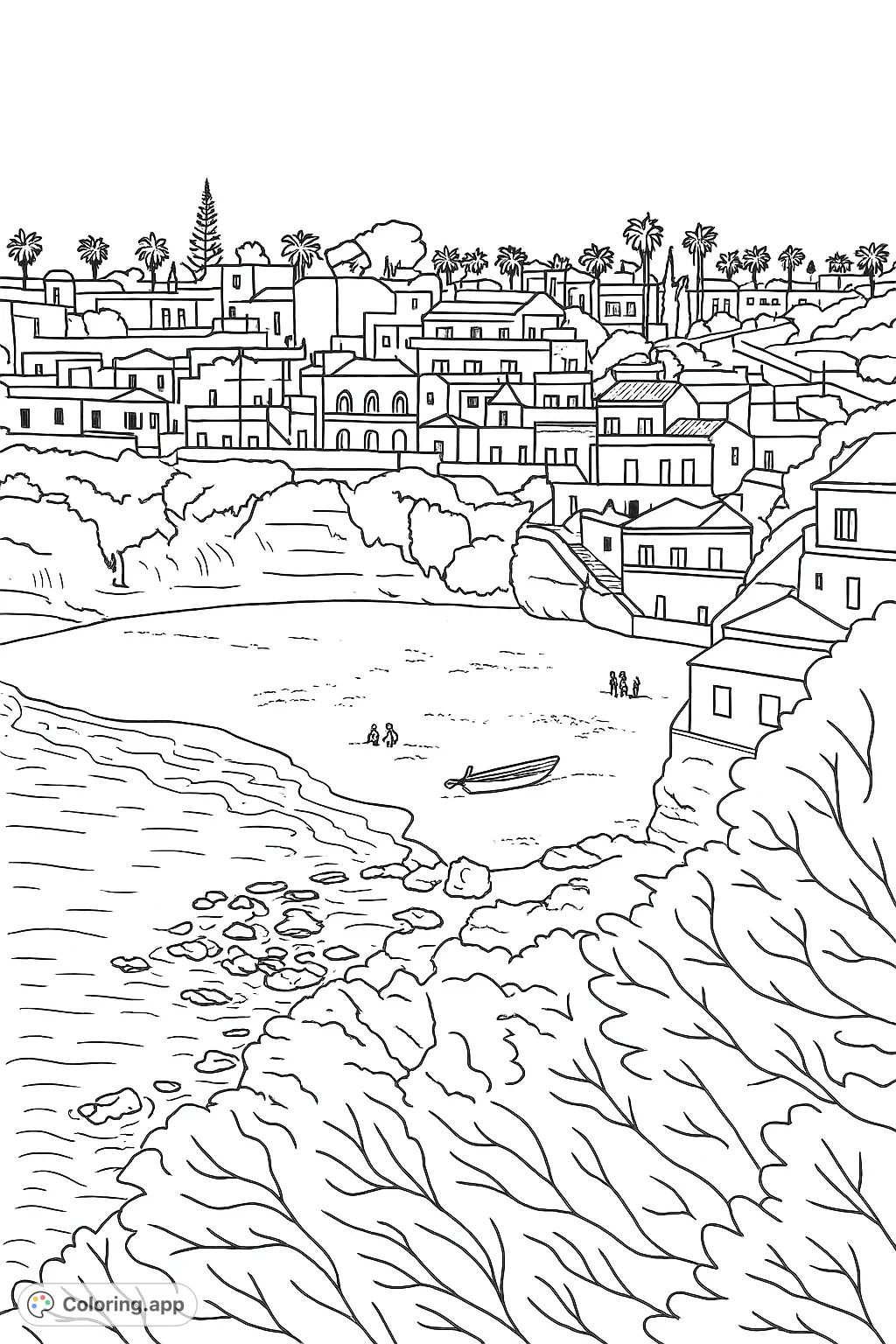 Explore a charming coastal town perched above a sandy beach with gentle waves and a small boat. Perfect for a relaxing escape and creative expression.