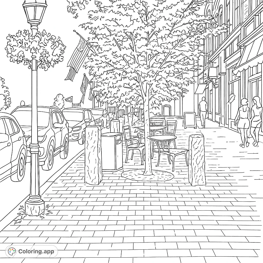 Explore a bustling town street with intricate buildings, leafy trees, and charming details. A perfect urban landscape for creative coloring.