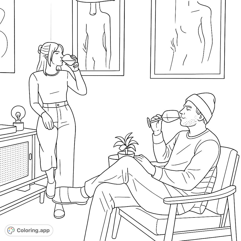 Enjoy a unique coloring page featuring two people relaxing indoors, each holding an oversized stemmed glass. A casual scene with framed art and home decor.