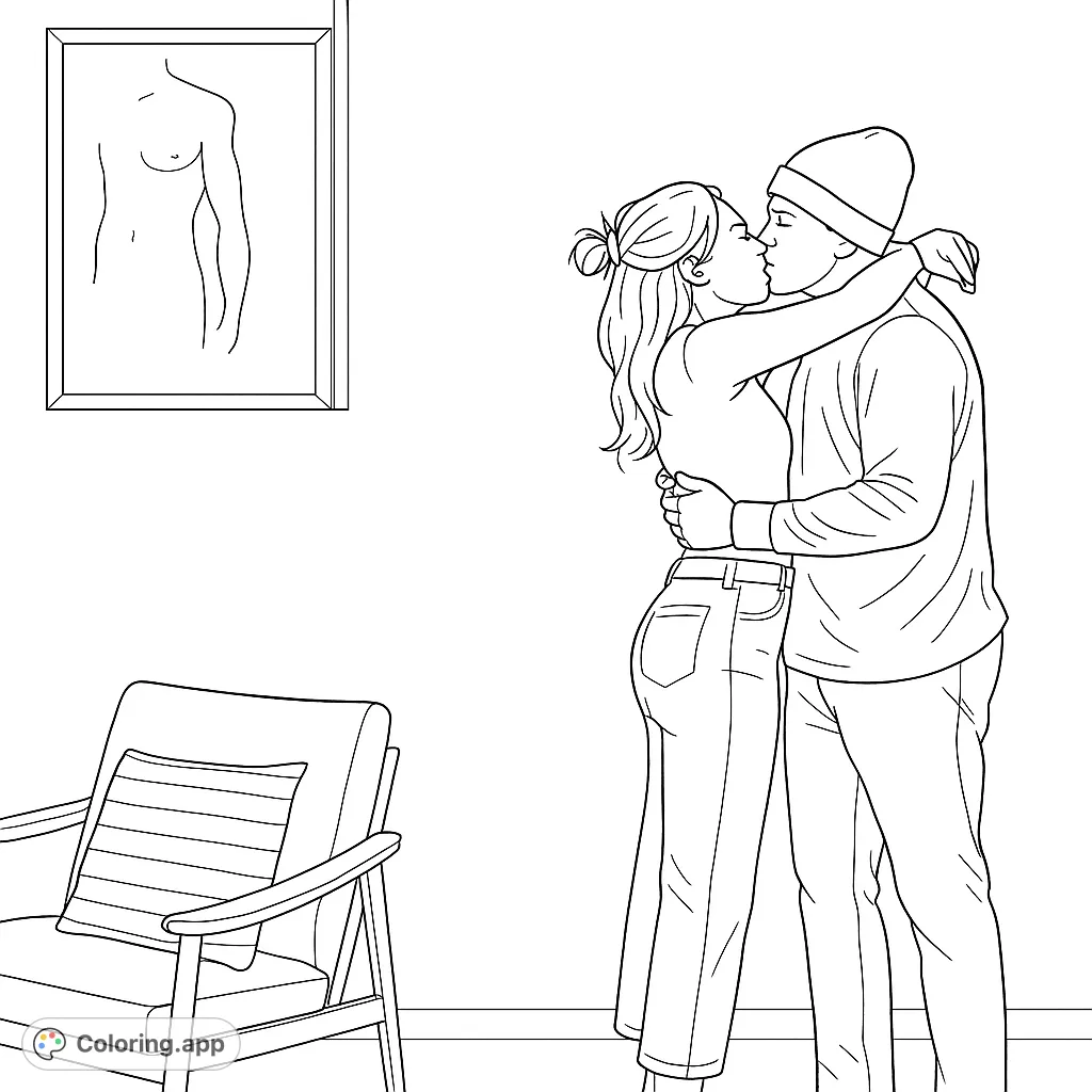 Capture a tender moment with this embracing couple coloring page. Perfect for expressing affection, this scene features a heartfelt kiss in an intimate setting.