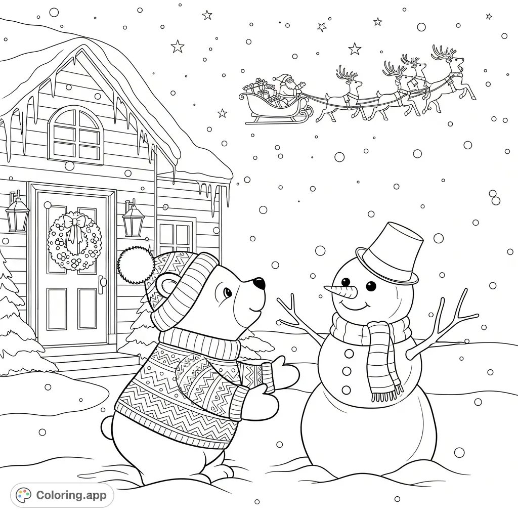 A delightful winter wonderland coloring page featuring a cute bear admiring a snowman under a starry sky, with Santa and his reindeer soaring overhead.
