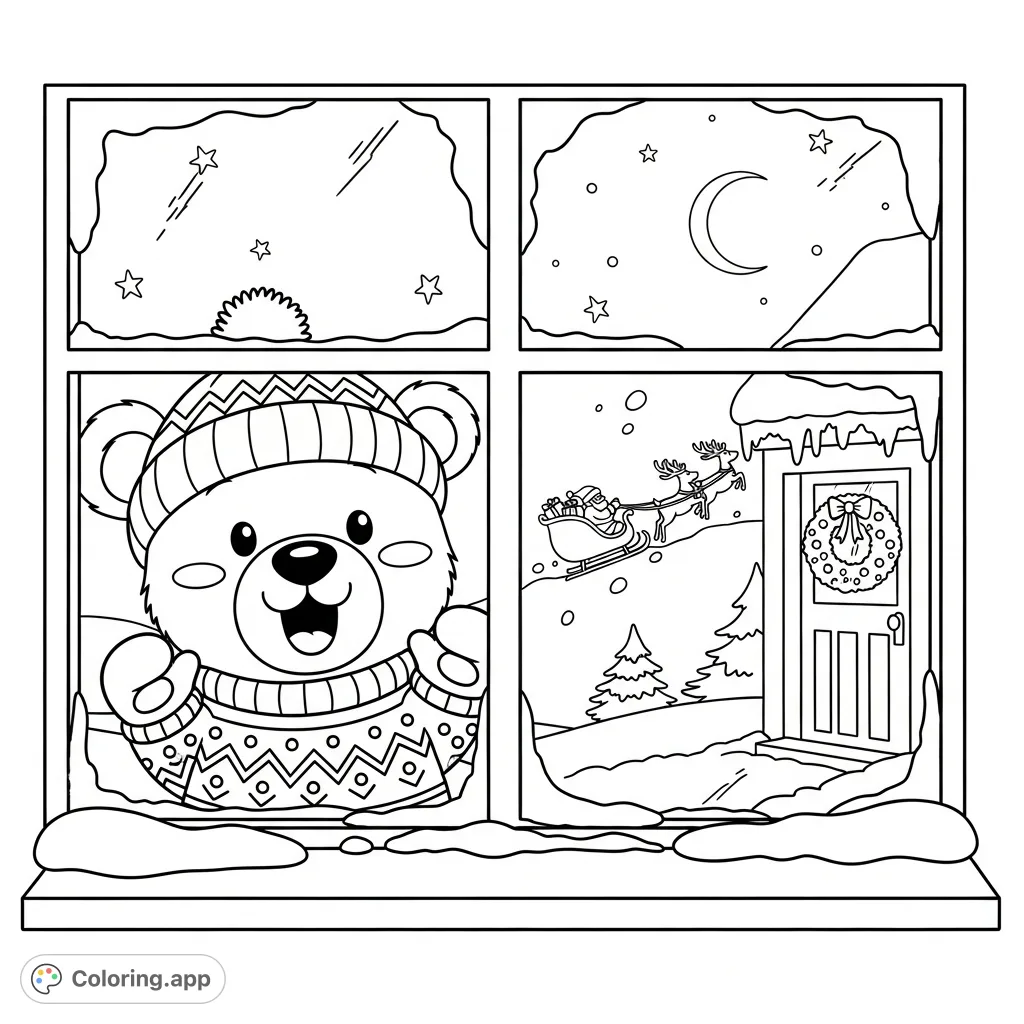 A charming scene of a cute bear peering through a frosty window at Santa's sleigh and reindeer under a starry night. Perfect for holiday cheer!
