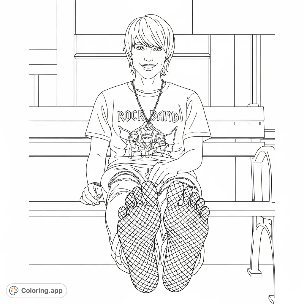 Color this unique urban man coloring page featuring a young man on a city bench, showcasing his feet with fishnets. A detailed free printable scene.